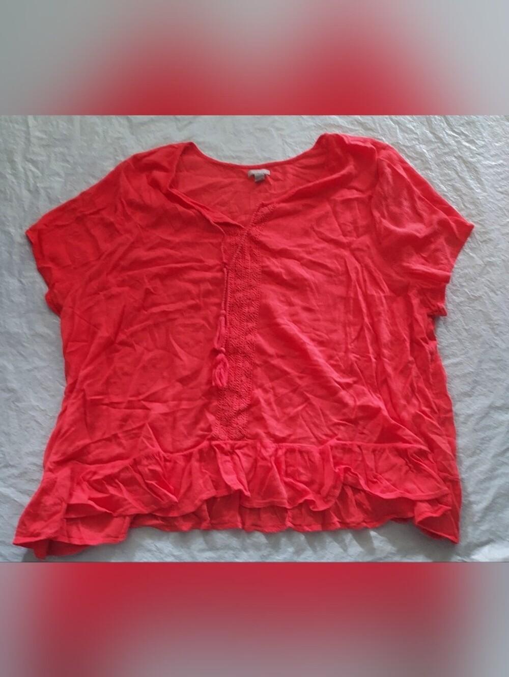 Falls Creek Coral Red Short Sleeve Top with Ruffle Hem